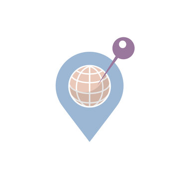 this image is a drop pin icon with a globe in the middle and a pin pinpointing at it and can be used for geolocation or GPS logo