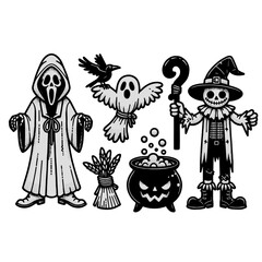 illustration of a halloween set of monsters, scarecrow, crow and pumpkin vector