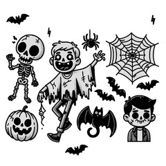 Halloween monsters set, Vector of zombies skeletons, spider webs and bats