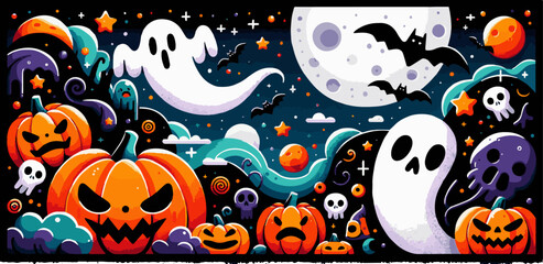 Halloween pattern with pumpkins, ghodt, moon vampires vector illustration