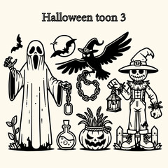 Set of halloween icons | Vector illustration ghost, crow, scarecrow, pumpkin and bats