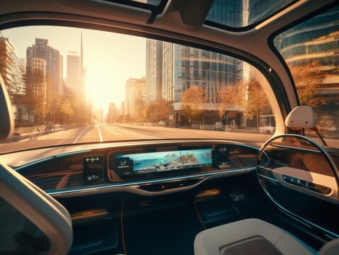 autonomous driving vehicle in city in afternoon light. Generative AI