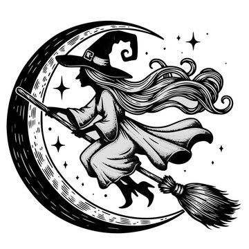 Vector silhouette of witch flying on her broom with moon in the background