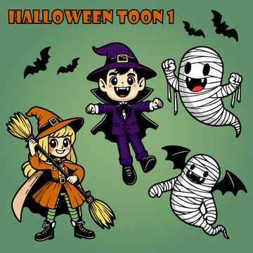 Set of halloween elements, vampire, witch, ghost vector ilustrations