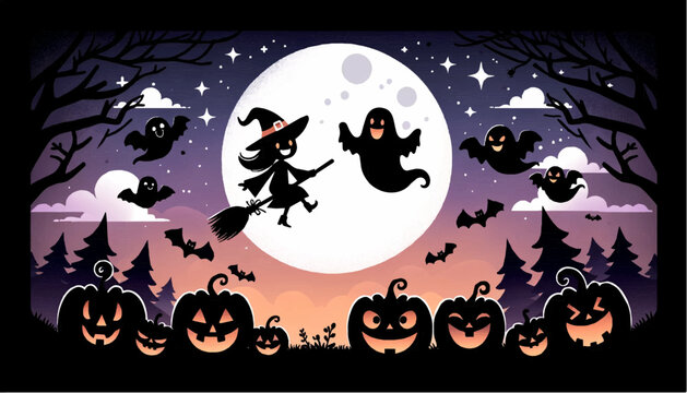 Halloween background with pumpkin | vector illustration ghosts and witches