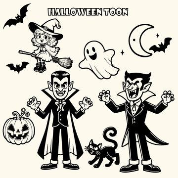 Halloween characters set | vector illustration vampires, black cats, ghost witches and pumpkins