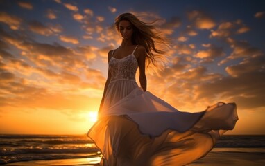 Stunning photography of a beautiful woman in a dress against the backdrop of a golden sunset on a pristine beach