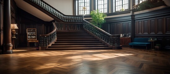 Obraz premium Spacious room with dark flooring and connected stairs