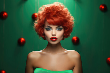 Naklejka premium Beautiful young tanned redhead 30s woman with bright makeup with red lips, bare shoulders on green background. Round Christmas balls. Holiday concept, New Year celebration, winter. Generative AI