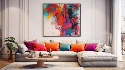 Contemporary living room corner sofa with colourful cushions round coffee table on woven rug hardwood herring bone floor set against grey wall with abstract art poster interior room design
