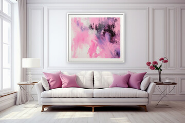 Modern living room design white upholstered sofa with lilac cushions on the white laminate floor with side tables set against a white panelled wall with abstract wall art poster interior design