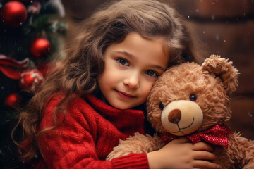 Young girl in a thick red jumper cuddling her teddy bear by the Christmas tree in the snow Christmas decorations Christmas card image Xmas background desktop wallpaper