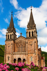 Impressive Catholic Basilica de Santa Maria La Real in small mountain Spanish village of Covadonga,...