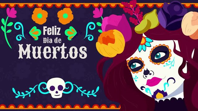 day of the dead decoration, mexican tradition, dia de muertos flyers animation 4k