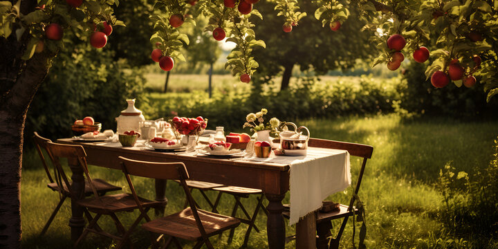 Rustic Table Set Cozy Tea Time Under the Apple Tree Cozy Moments Rustic Table Setting with Fresh Apples. AI Generative
