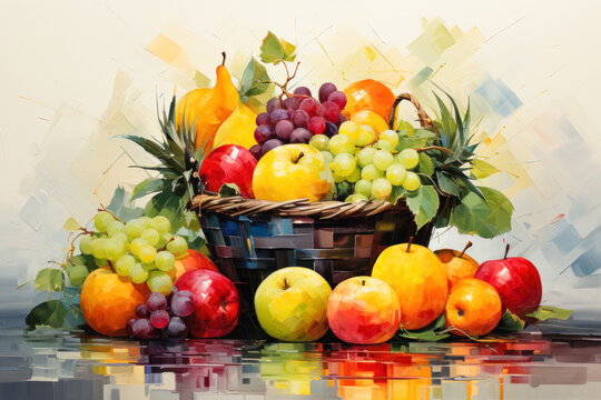 Digital painting of a basket with fruits 