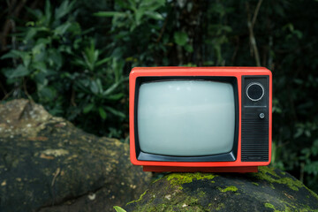 Old retro television is on stone in the forest, outdoors.