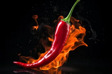 Wall murals Hot chili peppers Red hot chili pepper on fire. Background with selective focus and copy space