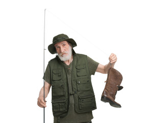 Fisherman with rod and old boot isolated on white