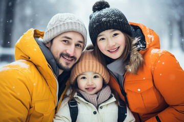Multi ethnic couple of Caucasian man and Asian woman with their daughter enjoying winter holidays - obrazy, fototapety, plakaty