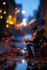 A robot sitting in a cyberpunk alley. Generative AI. 