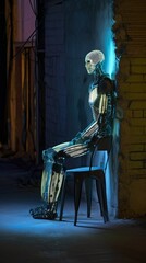 A robot sitting in a cyberpunk alley. Generative AI. 