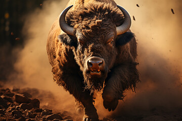 A bison running in grasslands with ground warm light. 