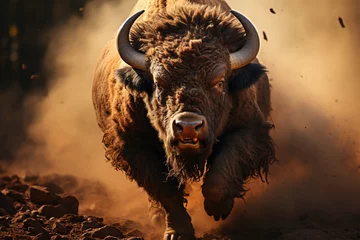 Foto op Canvas A bison running in grasslands with ground warm light.  © artpritsadee