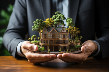 A businessman in a suit holds a model of a house on his palms. The concept of mortgage lending, real estate insurance, construction, design and sale of residential buildings.  - Powered by Adobe