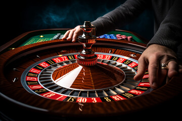 Roulette wheel with man hands close up at the Casino - Selective Focus