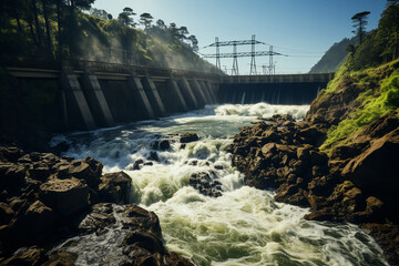 hydroelectric dam generating green energy from flowing water, with a cascading waterfall in the background.  - obrazy, fototapety, plakaty