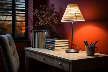 Lamp and books on work desk. 