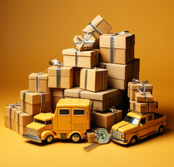 shipping box, carton dollars icon on yellow background. 