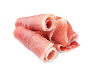 Rolled slices of delicious jamon isolated on white