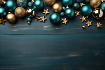 Christmas decorations with blue stars, golden balls and fir tree on wooden background.