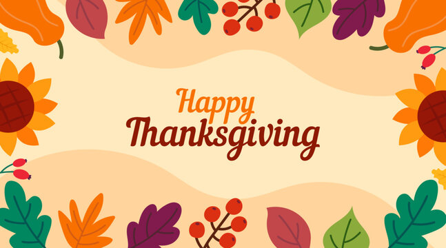 Happy Thanksgiving Day.  Warm earthy background with autumn elements. Berries, leaves, sunflowers.Vector illustration for posters, templates, greeting cards, etc.