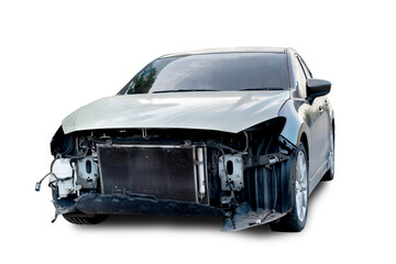 PNG format of Front and side of black car get hard damaged by accident on the road. damaged cars...
