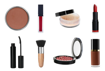 Set of face powders and other makeup products isolated on white