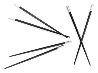 Collage with black chopsticks isolated on white