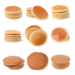 Set of tasty pancakes isolated on white