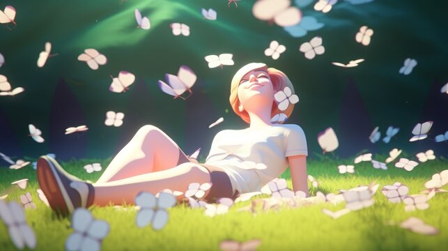 A happy  young anime character sitting in a field full of butterflies. Generative AI. 