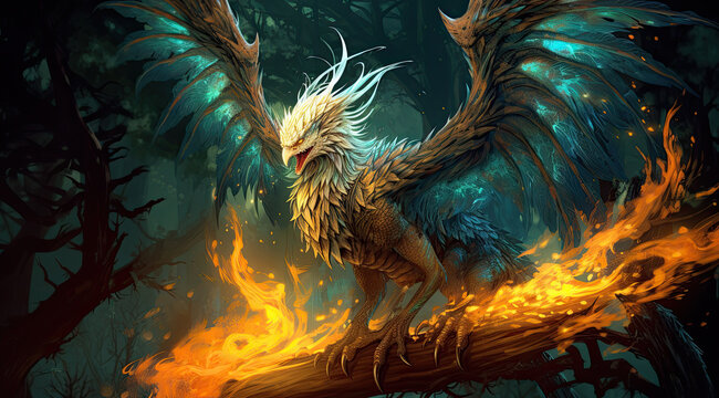 an incredible dragon walking through forest with glowing flames, dark gold and light cyan.