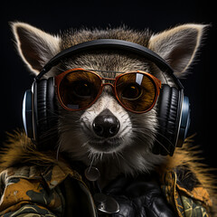 portrait of a racoon listening to music on a headset