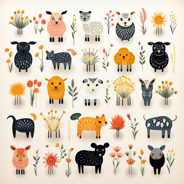 icons of cute animals and plants, cartoon, naive style