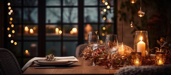 Fototapeta na wymiar Scandinavian dinner table adorned with lights and candles