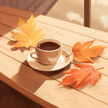 cup of coffee and autumn leaves on wooden table, warm colours, autumn concept