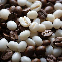 white and brown coffee beans, top view, photorealistic 