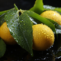 lemon with green leaves on black background with water drops