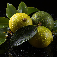 lemons and limes with green leaves on black background with water drops