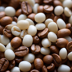 white and brown coffee beans, top view, photorealistic 